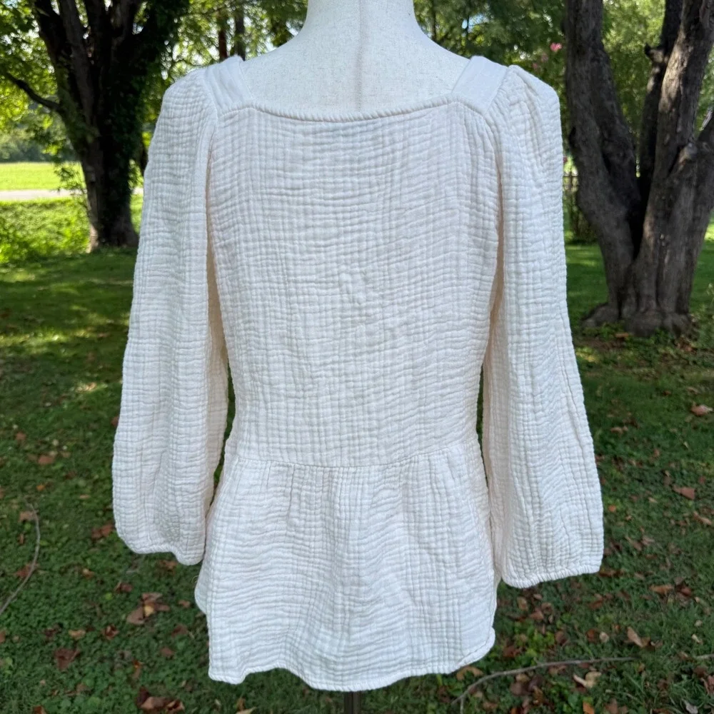 Madewell Women Cream Double Gauze Cotton Peplum Top Square Neck Long Sleeve M